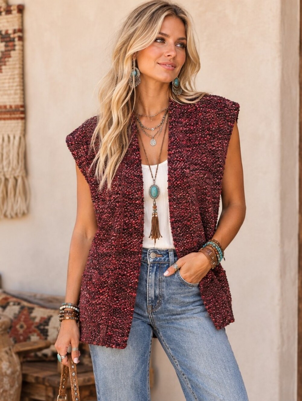 Alice + Olivia Knit Cardigan Open Front Sweater Vest Belt Burgundy Boho Cozy